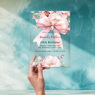 Invitaciones Acrílicas Lazo flores rosadas elegantes cumpleaños claro