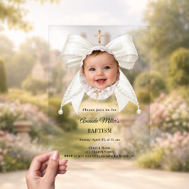 Invitaciones Acrílicas Lazo Perlas de Marfil Foto Niña lujo Bautizo