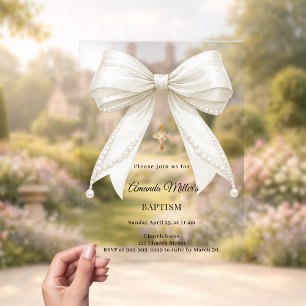 Invitaciones Acrílicas Lazo Perlas Marfil Niña Elegante Bautizo