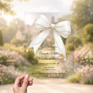 Invitaciones Acrílicas Lazo perlas marfil niña elegante confirmación clar