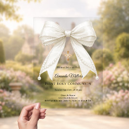 Invitaciones Acrílicas Lazo perlas marfil niña elegante Primera Comunión
