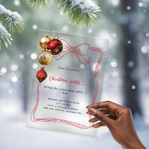 Invitaciones Acrílicas Lazo rojo adornos dorados Fiesta de Navidad escarc