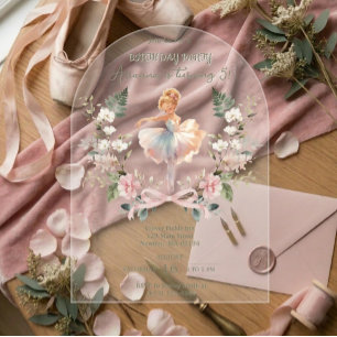 Invitaciones Acrílicas Lazo Rosa Caprichoso y Bailarina de Acuarela Cumpl