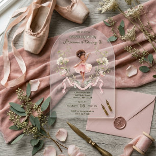 Invitaciones Acrílicas Lazo Rosa Caprichoso y Bailarina de Acuarela Cumpl