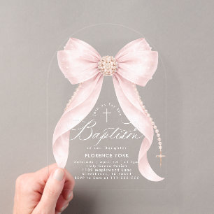 Invitaciones Acrílicas Lazo Rosa Claro Perlas Bautizo Religioso Niña