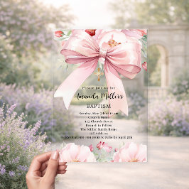 Invitaciones Acrílicas Lazo rosa crema flores niña claro Bautizo