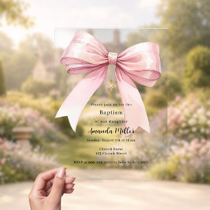 Invitaciones Acrílicas Lazo rosa crema niña claro Bautizo