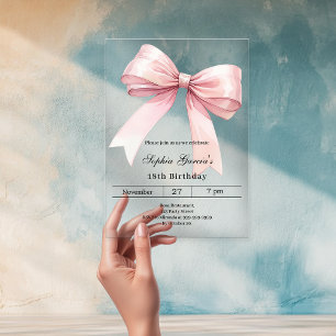 Invitaciones Acrílicas Lazo rosa de cumpleaños de lujo transparente