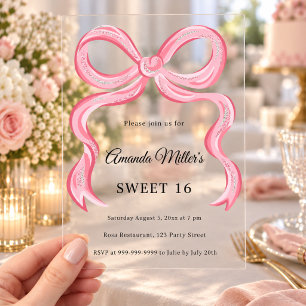 Invitaciones Acrílicas Lazo rosa doodle Sweet 16 claro lujo