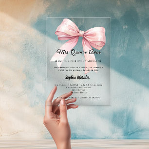 Invitaciones Acrílicas Lazo rosa elegante Quinceanera lujo transparente