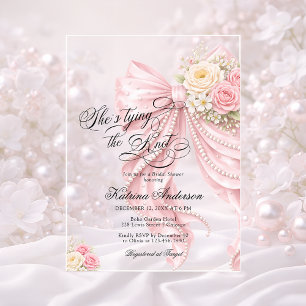 Invitaciones Acrílicas Lazo Rosa Ella Está Atando el Nudo Despedida de So
