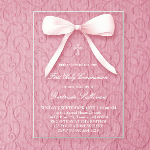 Invitaciones Acrílicas lazo rosa grande   Primera Comunión