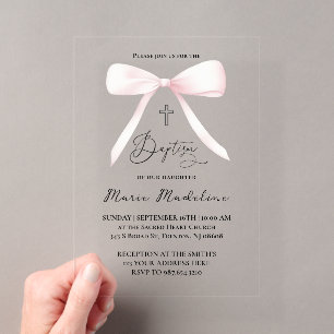 Invitaciones Acrílicas lazo rosa pastel Bautizo
