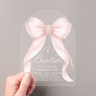 Invitaciones Acrílicas Lazo Rosa Rosado Perlas Bautizo Niña Religioso