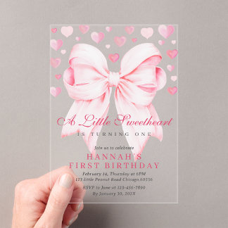 Invitaciones Acrílicas Lazo Rosa Un Pequeño Corazón Primer Cumpleaños