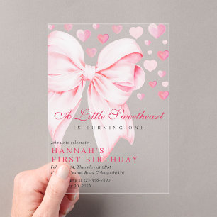 Invitaciones Acrílicas Lazo Rosa Un Pequeño Corazón Primer Cumpleaños