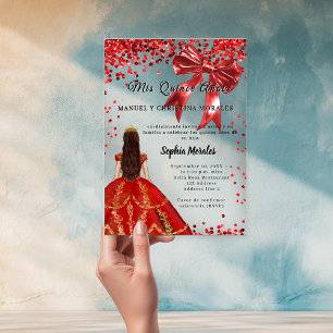 Invitaciones Acrílicas Lazo transparente para vestido rojo de quinceañera