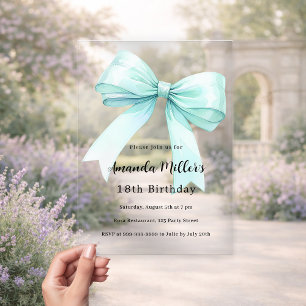 Invitaciones Acrílicas Lazo verde azulado elegante claro cumpleaños