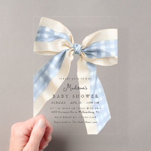 Invitaciones Acrílicas Lazos de Cuadros de Gingham Azul Fiesta de Bebé Ad