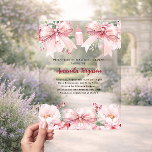 Invitaciones Acrílicas Lazos rosados flores niña biberón transparente Bab