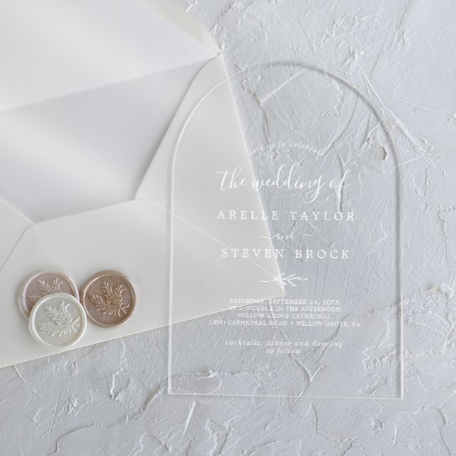 Invitaciones Acrílicas Leaf mínimo Blanco Moderno Boda Botánico Simple (Minimal Leaf White Modern Simple Botanical Wedding Acrylic Invitations)