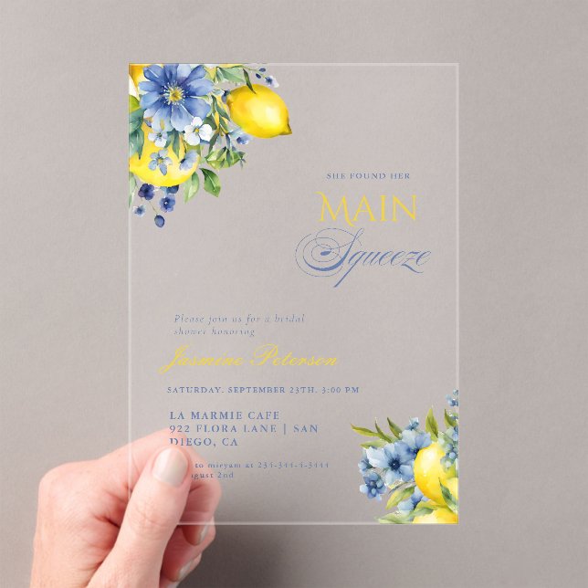 Invitaciones Acrílicas Lemon Blue Floral Citrus Bridal Shower (Insitu (portátil))