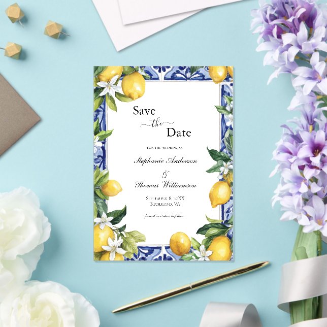 Invitaciones Acrílicas Lemon Blue Mediterranean Wedding The Save Date (Insitu (Boda))