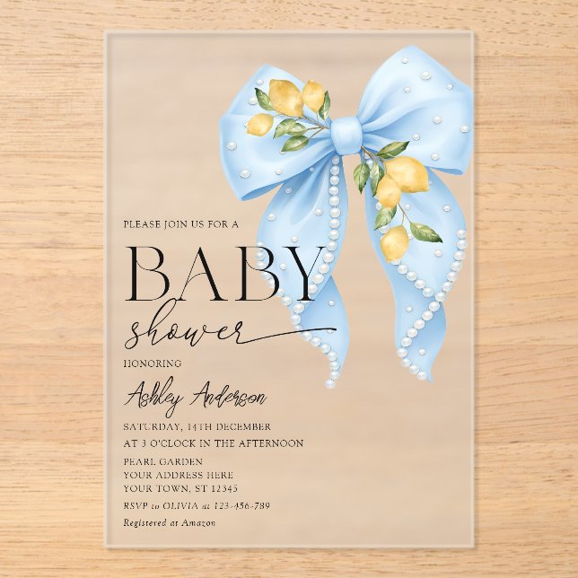Invitaciones Acrílicas Lemon Bow Pearl Baby Shower (Anverso)