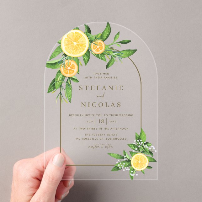 Invitaciones Acrílicas Lemones acuarelas y Naranjas Arco Boda de verano (Insitu (portátil))