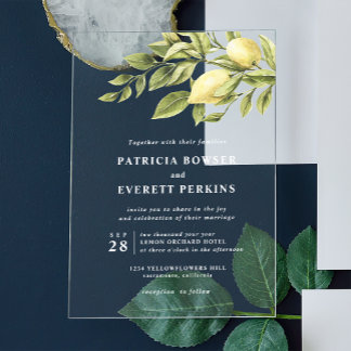 Invitaciones Acrílicas Lemones y hojas boda botánico acuarela