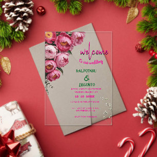 Invitaciones Acrílicas Letrero de bienvenida de boda floral rosa elegante