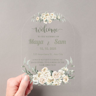 Invitaciones Acrílicas Letrero de Boda Floral Verde Salvia Elegante