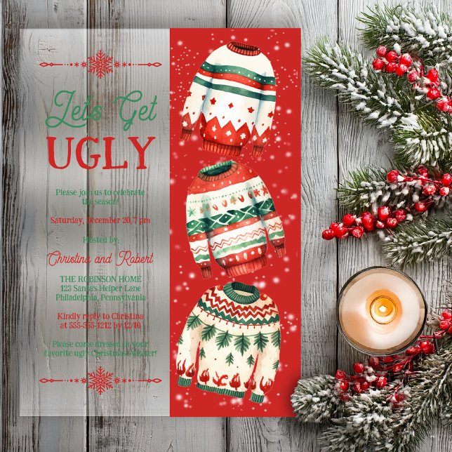 Invitaciones Acrílicas Let's Get Ugly Christmas Sweater Party ("Let's Get Ugly" Retro Ugly Christmas Sweater Holiday Party Acrylic Invitation)