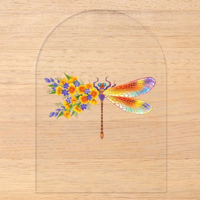 Invitaciones Acrílicas Libélula de flor amarilla (Anverso)