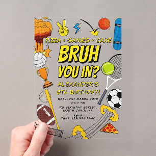Invitaciones Acrílicas Libro de Cómics Bruh Deportes Balones Atléticos Cu
