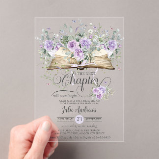 Invitaciones Acrílicas Libro Floral Lila Púrpura Siguiente Capítulo Nupci