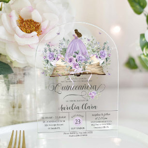 Invitaciones Acrílicas Libro Floral Purple Lilac Nuevo Capítulo Quinceañe