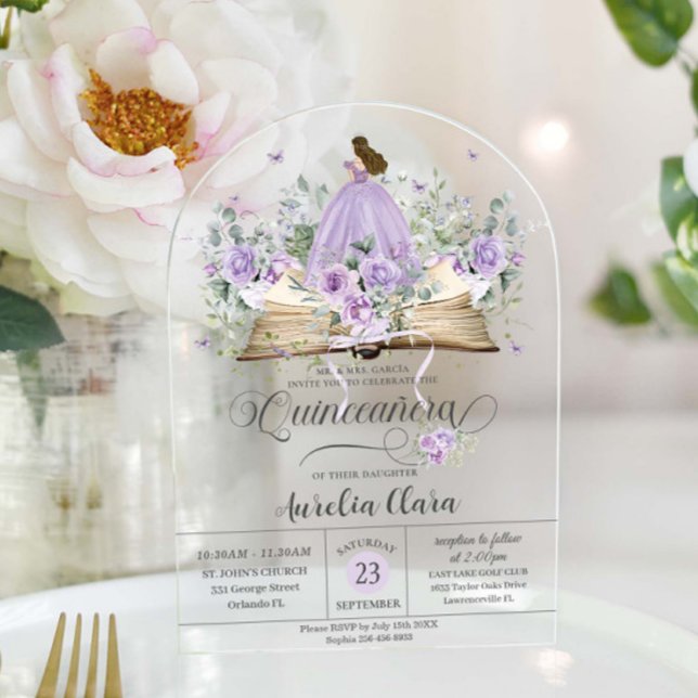 Invitaciones Acrílicas Libro Floral Purple Lilac Nuevo Capítulo Quinceañe (Subido por el creador)