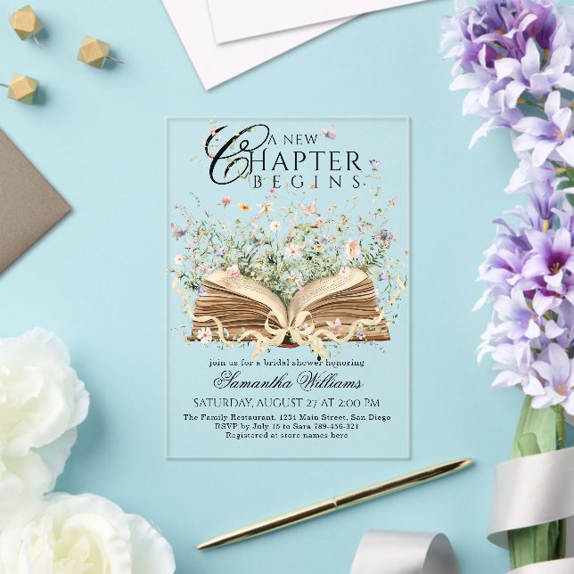 Invitaciones Acrílicas Libro Wildflower Un Nuevo Capítulo Comienza Desped (Insitu (Boda))