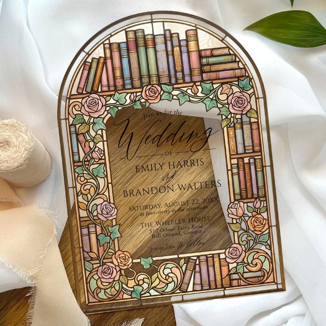 Invitaciones Acrílicas Libros Antiguos de Biblioteca Vidrio Emplomado Arc (Colorful pastel library books unique stained glass floral arch window simple wedding invitation)