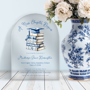 Invitaciones Acrílicas Libros de Blue Toile Coquette Nuevo Capítulo Gradu