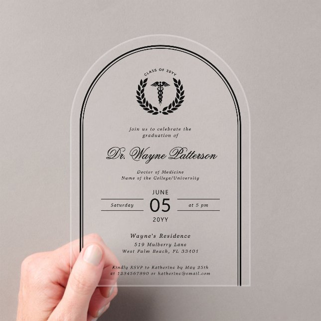 Invitaciones Acrílicas Licenciatura en Medicina Elegante y Minimalista (Insitu (portátil))