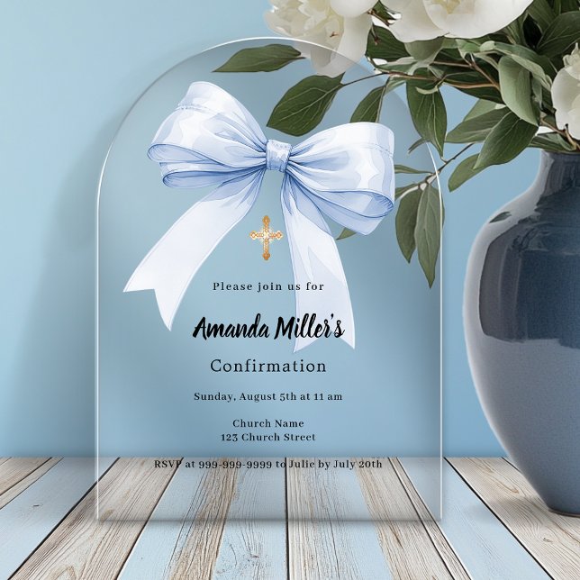 Invitaciones Acrílicas Light blue bow girl arch luxury Confirmation (Subido por el creador)