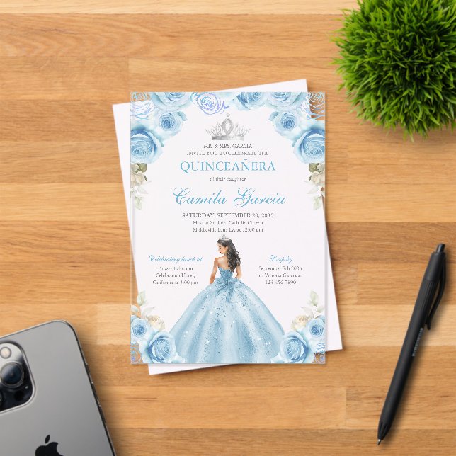 Invitaciones Acrílicas Light Blue & Silver Floral Princess Quinceañera (Insitu (Tarjeta de Invitación))