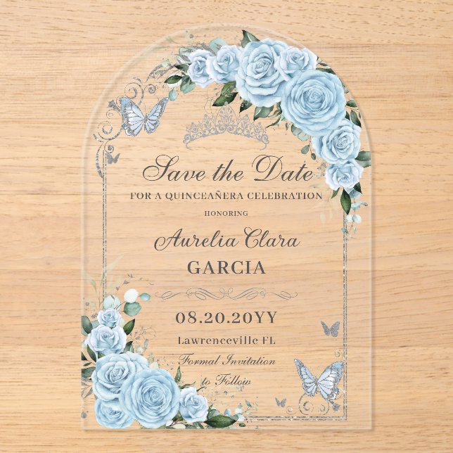 Invitaciones Acrílicas Light Sky Blue Rose Floral Sweet 16 15 Quinceañera (Anverso)