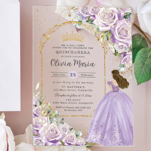 Invitaciones Acrílicas Lila Púrpura Floral Oro Quinceañera Dulces 16 XV