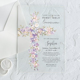 Invitaciones Acrílicas Lilac Blush Aquarela Floral Cruz Primera Comunión