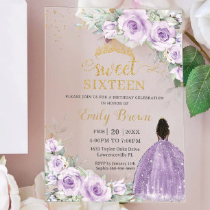 Invitaciones Acrílicas Lilac Lavender Púrpura Floral Dulces Dieciséis 16