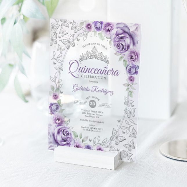 Invitaciones Acrílicas Lilac Purple Silver Floral Quinceanera (Subido por el creador)