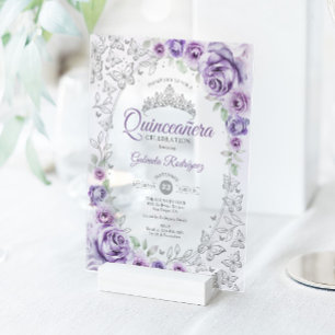 Invitaciones Acrílicas Lilac Púrpura Floral Quinceañera Plata